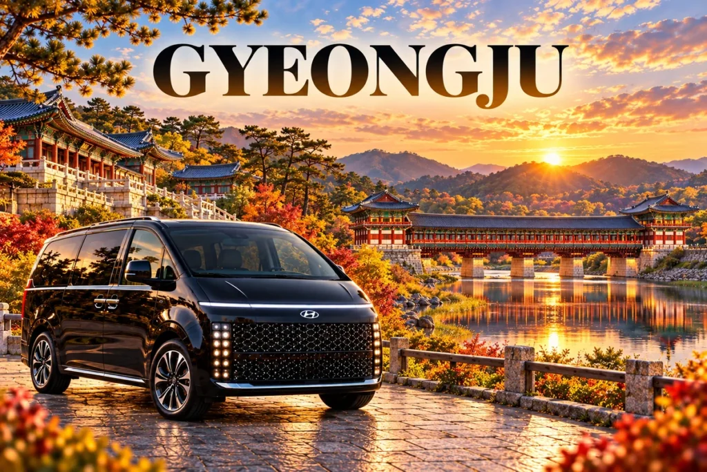 Gyeongju private tour artwork with a black Hyundai Staria, Woljeonggyo Bridge and Korean temple scenery.