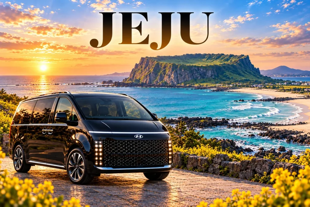 Jeju private tour artwork with a black Hyundai Staria, Seongsan Ilchulbong and turquoise volcanic coastline.