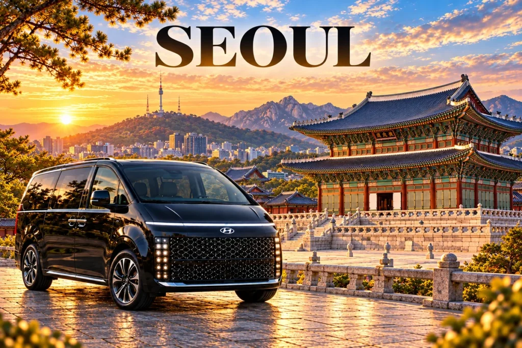Seoul private tour artwork with a black Hyundai Staria, Gyeongbokgung Palace and N Seoul Tower.