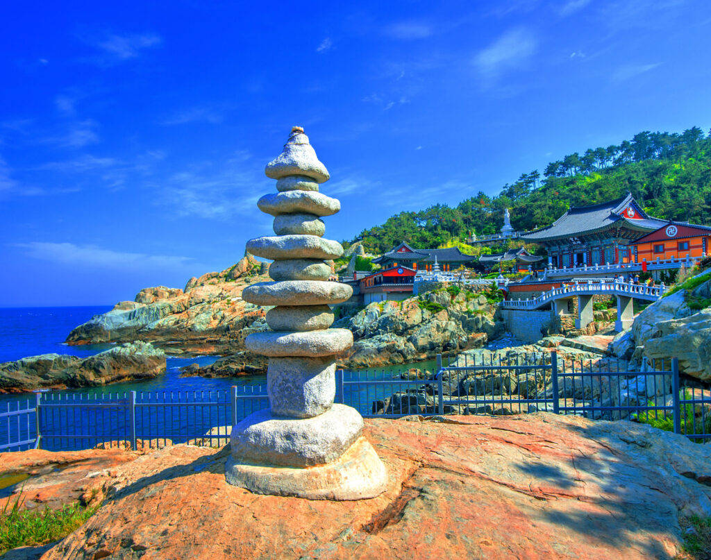 Haedong Yonggungsa Temple beside the bright blue sea in Busan.