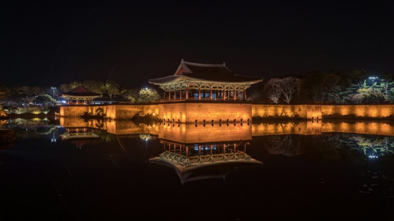 Donggung Palace and Wolji Pond Illuminated Donggung Palace reflected in Wolji Pond at night, Gyeongju.