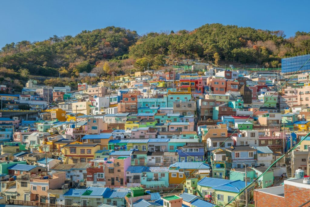Colourful hillside homes in Gamcheon Culture Village, Busan.
