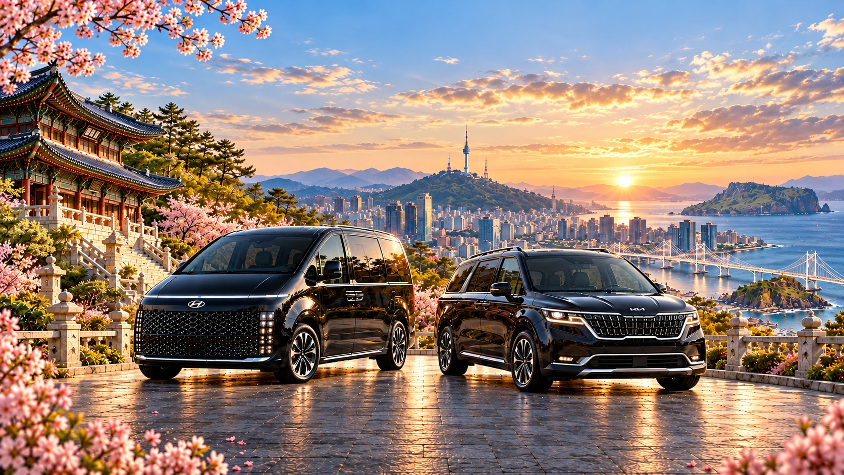 Black Hyundai Staria and Kia Carnival beneath a Korean landscape montage.
